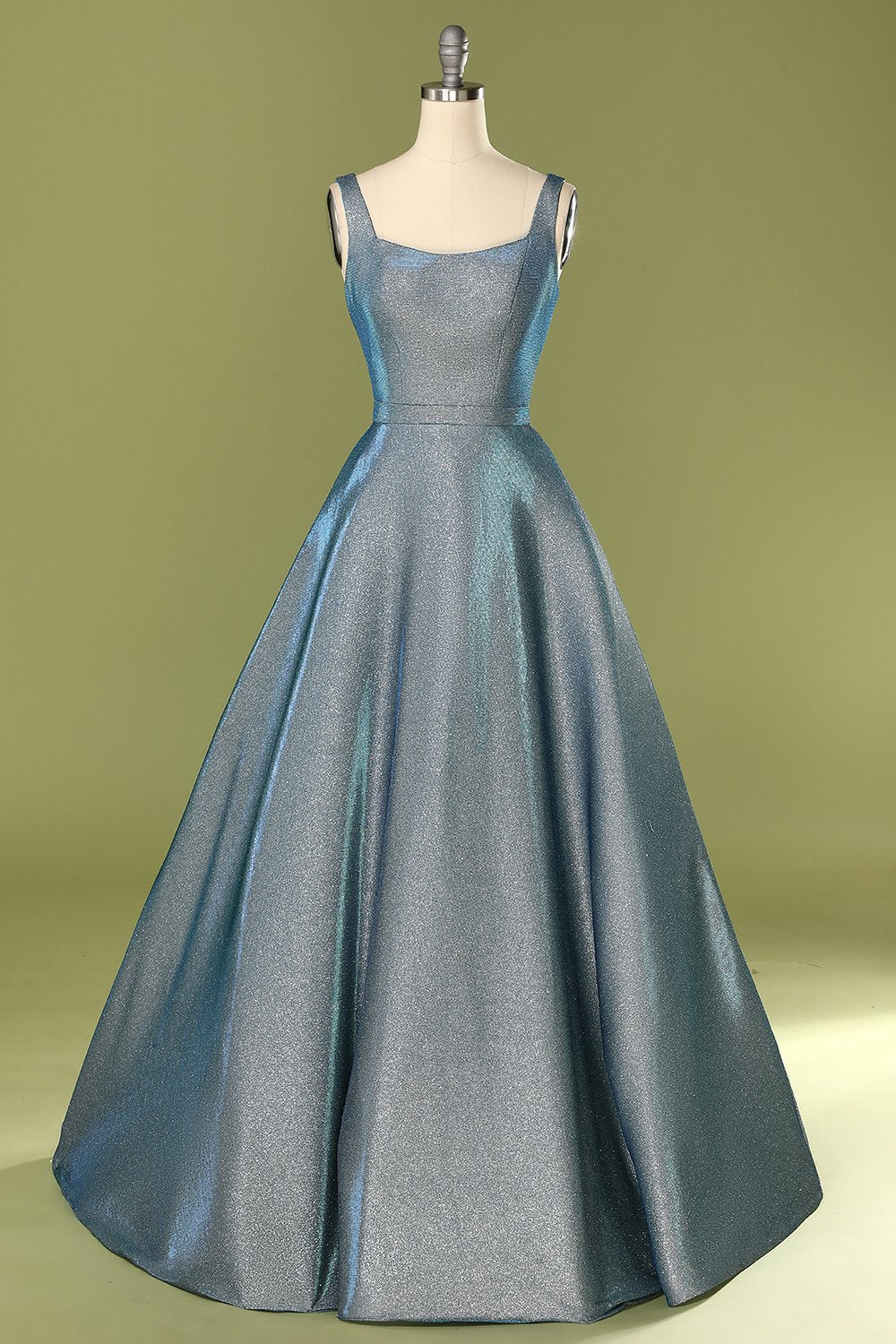Glitter Blue Open Back Long Formal Dress