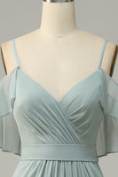 Load image into Gallery viewer, Dusty Sage Cold Shoulder A Line Long Bridesmaid Dress