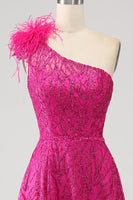 Load image into Gallery viewer, Fuchsia A-Line One Shoulder Feather Sequin Long Formal Dress With Slit