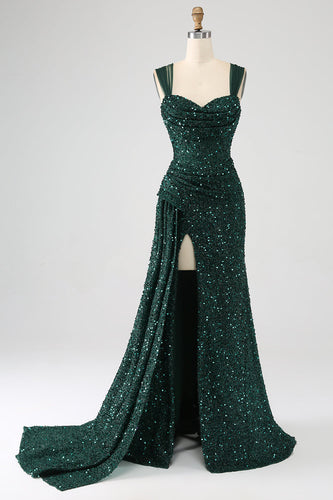 Dark Green Sheath Sparkly Sequin Pleated Long Formal Dress With Thigh Split