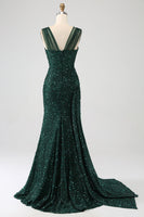 Load image into Gallery viewer, Dark Green Sheath Sparkly Sequin Pleated Long Formal Dress With Thigh Split