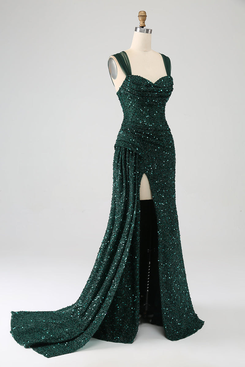 Load image into Gallery viewer, Dark Green Sheath Sparkly Sequin Pleated Long Formal Dress With Thigh Split