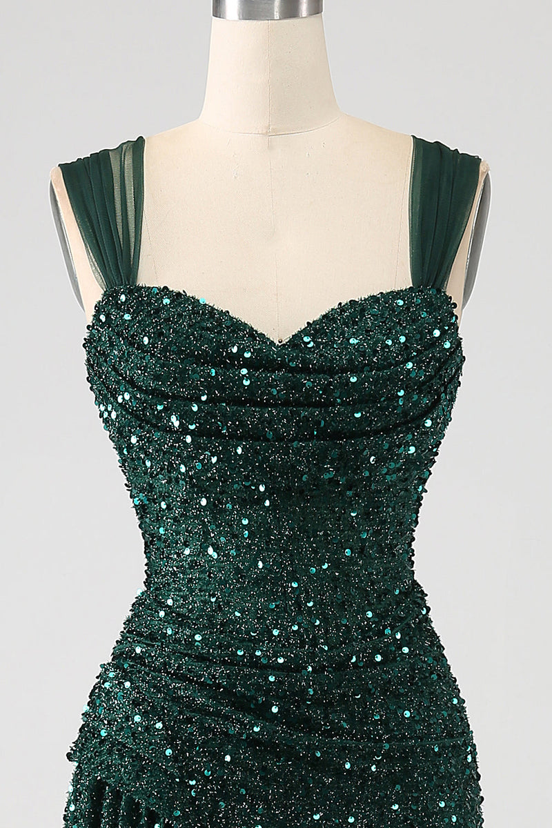 Load image into Gallery viewer, Dark Green Sheath Sparkly Sequin Pleated Long Formal Dress With Thigh Split