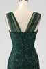 Load image into Gallery viewer, Dark Green Sheath Sparkly Sequin Pleated Long Formal Dress With Thigh Split