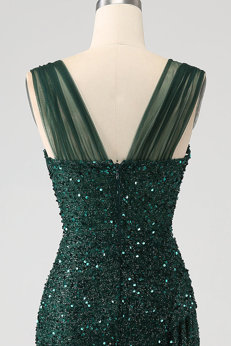 Load image into Gallery viewer, Dark Green Sheath Sparkly Sequin Pleated Long Formal Dress With Thigh Split