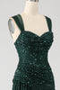 Load image into Gallery viewer, Dark Green Sheath Sparkly Sequin Pleated Long Formal Dress With Thigh Split