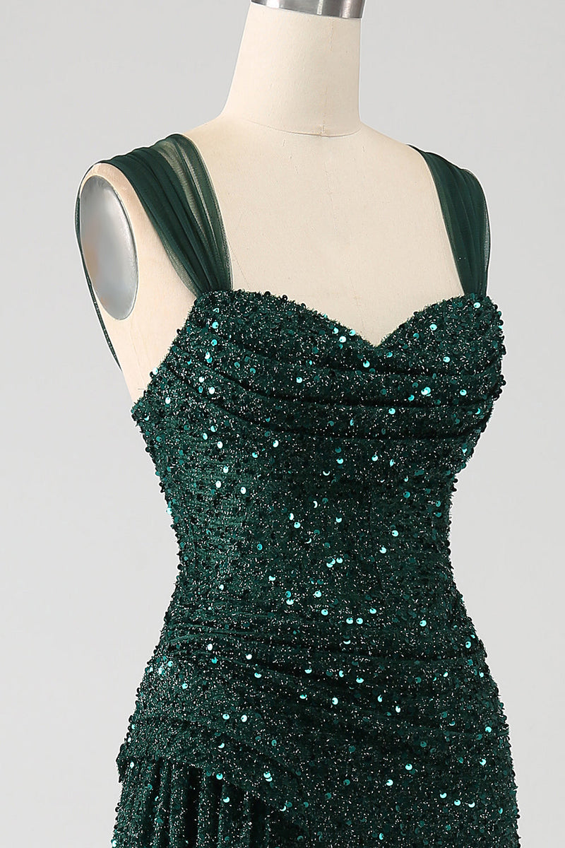 Load image into Gallery viewer, Dark Green Sheath Sparkly Sequin Pleated Long Formal Dress With Thigh Split