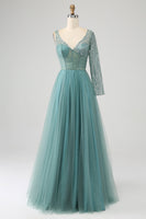 Load image into Gallery viewer, Grey Green A-Line Sparkly Sequin Long Corset Formal Dress