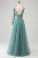Load image into Gallery viewer, Grey Green A-Line Sparkly Sequin Long Corset Formal Dress