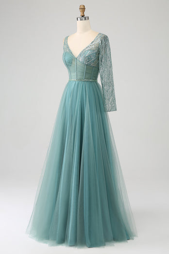 Grey Green A-Line Sparkly Sequin Long Corset Formal Dress