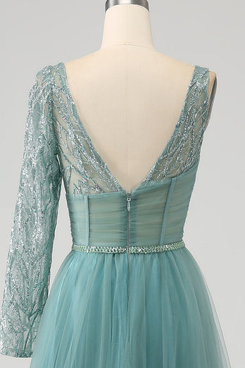 Grey Green A-Line Sparkly Sequin Long Corset Formal Dress