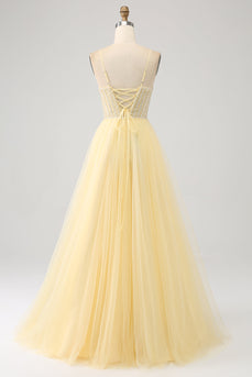 Tulle Beaded Light Yellow Formal Dress with Slit