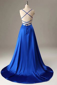Royal Blue Halter Backless A Line Formal Dress