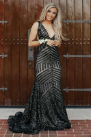 Load image into Gallery viewer, Dark Green Deep V Neck Sequin Mermaid Formal Dress
