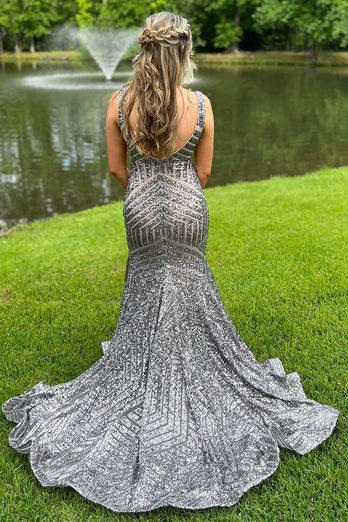 Fuchsia Deep V Neck Sequin Mermaid Formal Dress