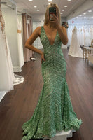 Load image into Gallery viewer, Dark Green Deep V Neck Sequin Mermaid Formal Dress