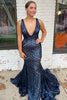 Load image into Gallery viewer, Fuchsia Deep V Neck Sequin Mermaid Formal Dress