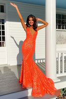 Load image into Gallery viewer, Red Sparkly Deep V Neck Sequin Mermaid Formal Dress