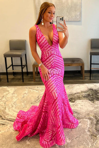 Fuchsia Deep V Neck Sequin Mermaid Formal Dress