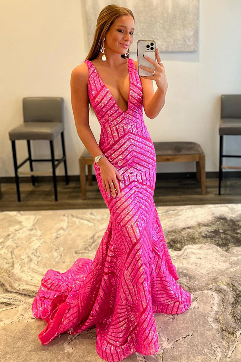 Load image into Gallery viewer, Fuchsia Deep V Neck Sequin Mermaid Formal Dress