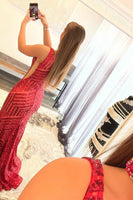Load image into Gallery viewer, Dark Red One Shoulder Sequined Mermaid Formal Dress