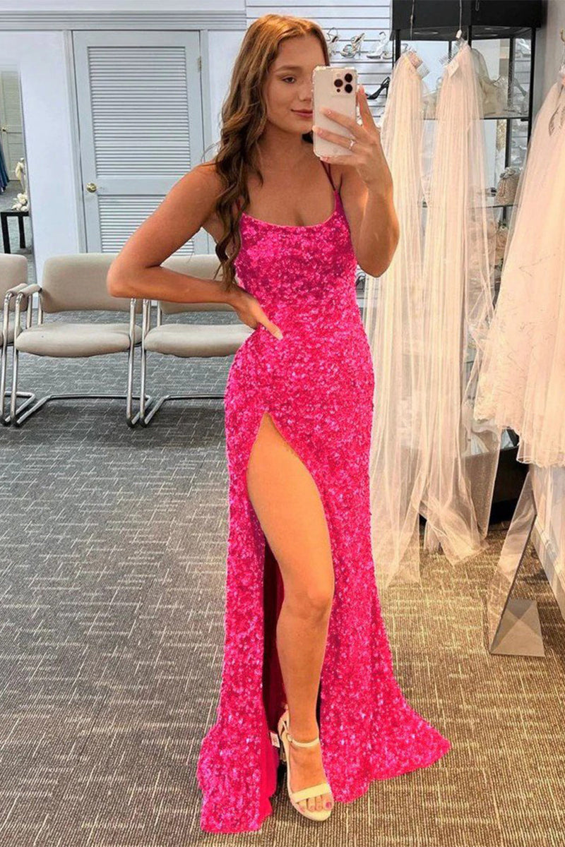 Load image into Gallery viewer, Mermaid Glitter Sequins Sexy Hot Pink Backless Long Formal Dress
