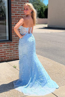 Light Blue Sweetheart Lace-Up Long Mermaid Formal Dress with Appliques