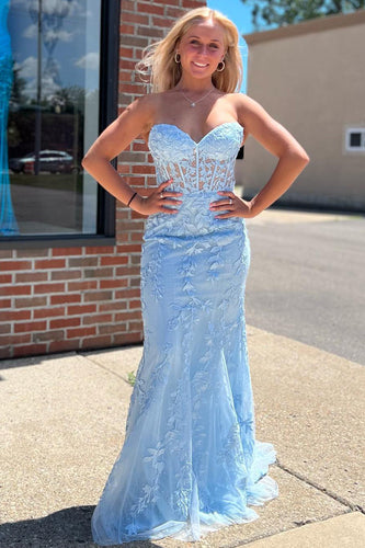 Light Blue Sweetheart Lace-Up Long Mermaid Formal Dress with Appliques