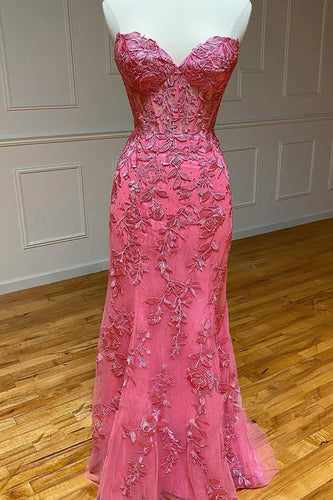 Coral Sweetheart Lace-Up Long Mermaid Formal Dress with Appliques