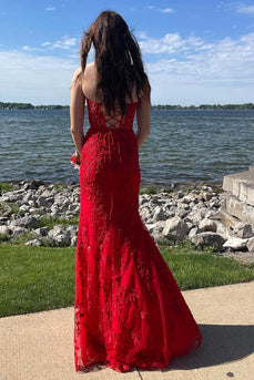 Red Sweetheart Lace-Up Long Mermaid Formal Dress with Appliques