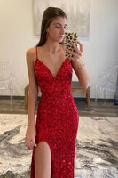 Load image into Gallery viewer, Red Sequins Glitter Formal Dress with Slit