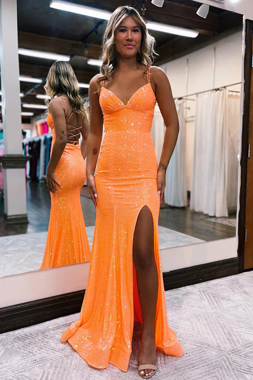 Sparkly Orange Sequins Mermaid Formal Dress