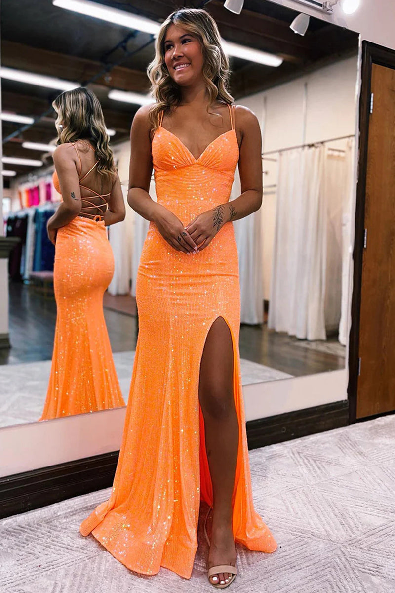Load image into Gallery viewer, Sparkly Orange Sequins Mermaid Formal Dress