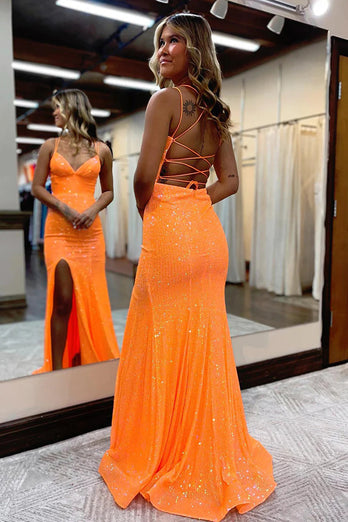 Sparkly Orange Sequins Mermaid Formal Dress