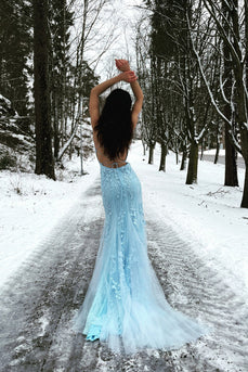 Blue Mermaid Tulle Backless Long Formal Dress with Lace