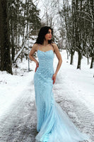 Load image into Gallery viewer, Blue Mermaid Tulle Backless Long Formal Dress with Lace