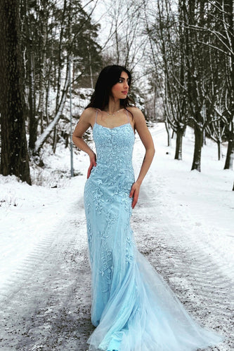 Blue Mermaid Tulle Backless Long Formal Dress with Lace