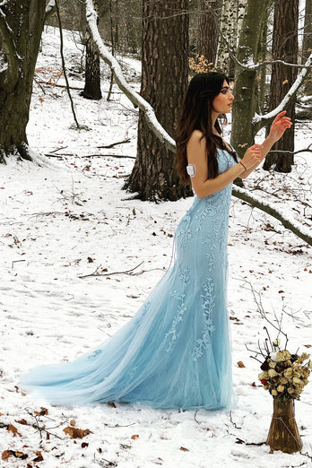 Blue Mermaid Tulle Backless Long Formal Dress with Lace