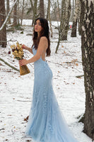 Load image into Gallery viewer, Blue Mermaid Tulle Backless Long Formal Dress with Lace
