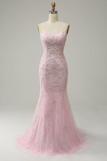 Blue Mermaid Tulle Backless Long Formal Dress with Lace
