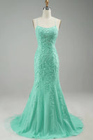 Load image into Gallery viewer, Mint Spaghetti Straps Appliques Formal Dress