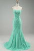 Load image into Gallery viewer, Blue Mermaid Tulle Backless Long Formal Dress with Lace