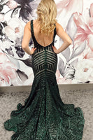 Load image into Gallery viewer, Dark Green Deep V Neck Sequin Mermaid Formal Dress