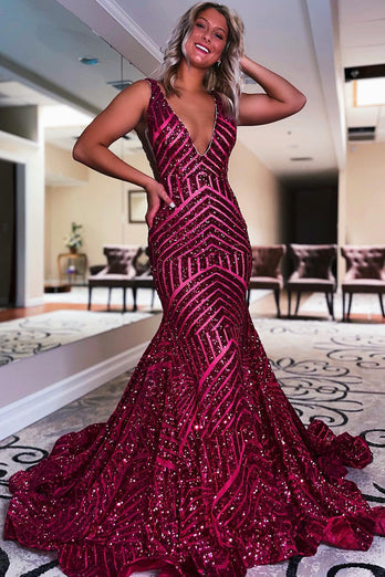 Fuchsia Deep V Neck Sequin Mermaid Formal Dress