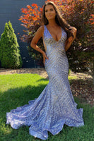 Load image into Gallery viewer, Dark Green Deep V Neck Sequin Mermaid Formal Dress