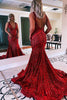 Load image into Gallery viewer, Fuchsia Deep V Neck Sequin Mermaid Formal Dress