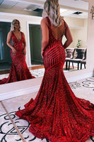 Load image into Gallery viewer, Fuchsia Deep V Neck Sequin Mermaid Formal Dress
