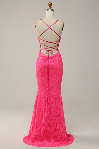 Sparkly Mermaid Backless Hot Pink Sequins Long Formal Dress