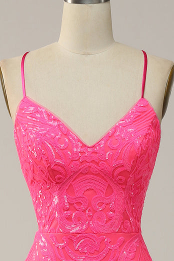 Sparkly Mermaid Backless Hot Pink Sequins Long Formal Dress