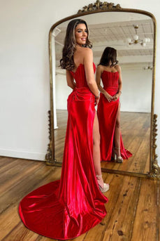 Sparkly Red Sheath Corset Long Formal Dress with Lace